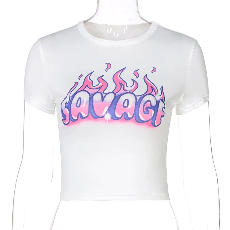 Jangj Chic Fire Letter Graphic Baby Tees Y2K Streetwear O-neck Short Sleeve White Crop Tops Summer punk Cute T-shirts 2000s fashion