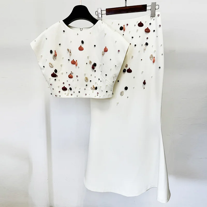 Nigikala Nigikala New Star Fashion Heavy Industry Shell Nails Set With Short Top Fishtail Half Skirt Set