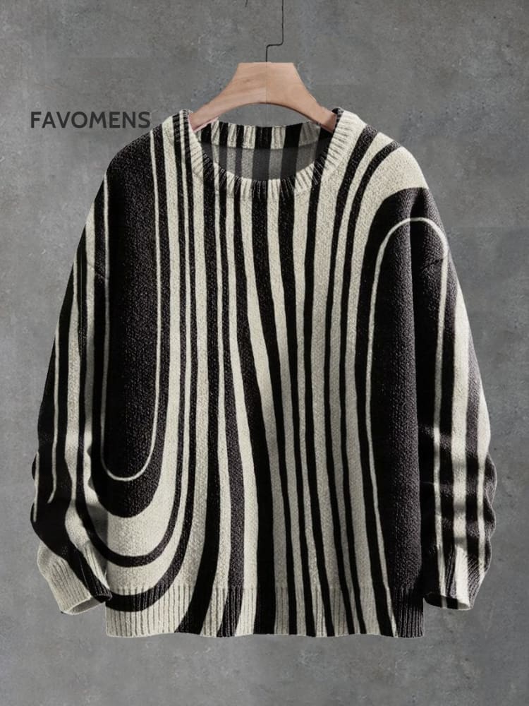 Black And White Ripples Print Knit Pullover Sweater Multicolor / S
