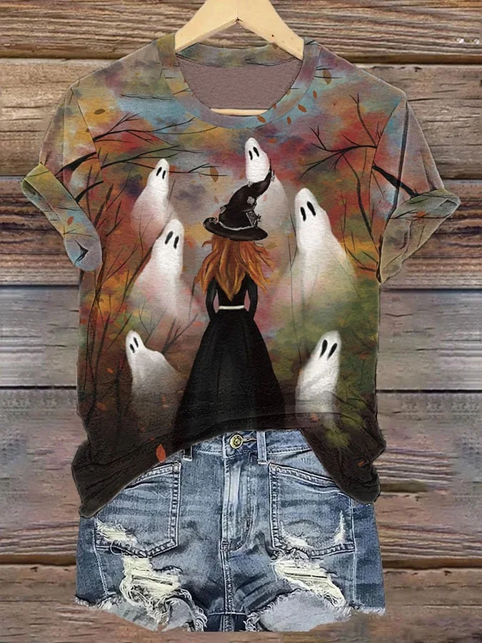 Women's Halloween Witch and Ghosts Print Tee