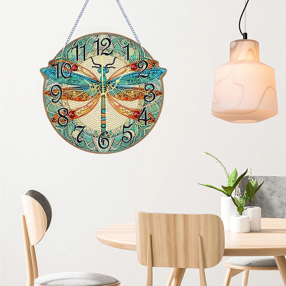 DIY Dragonfly Single-Side Wooden Special Shaped Diamond Painting Clock Art Craft Decor