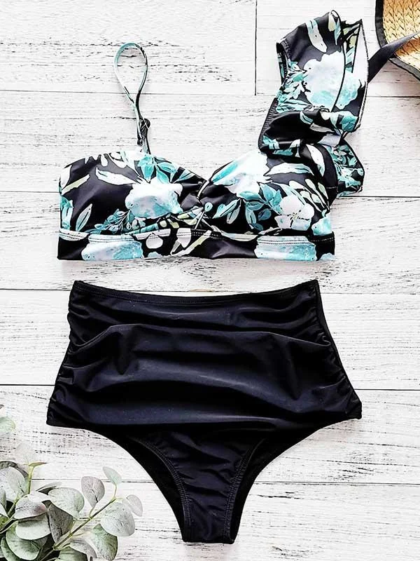 One-Shoulder Floral-Print Split Bikini Swimsuit