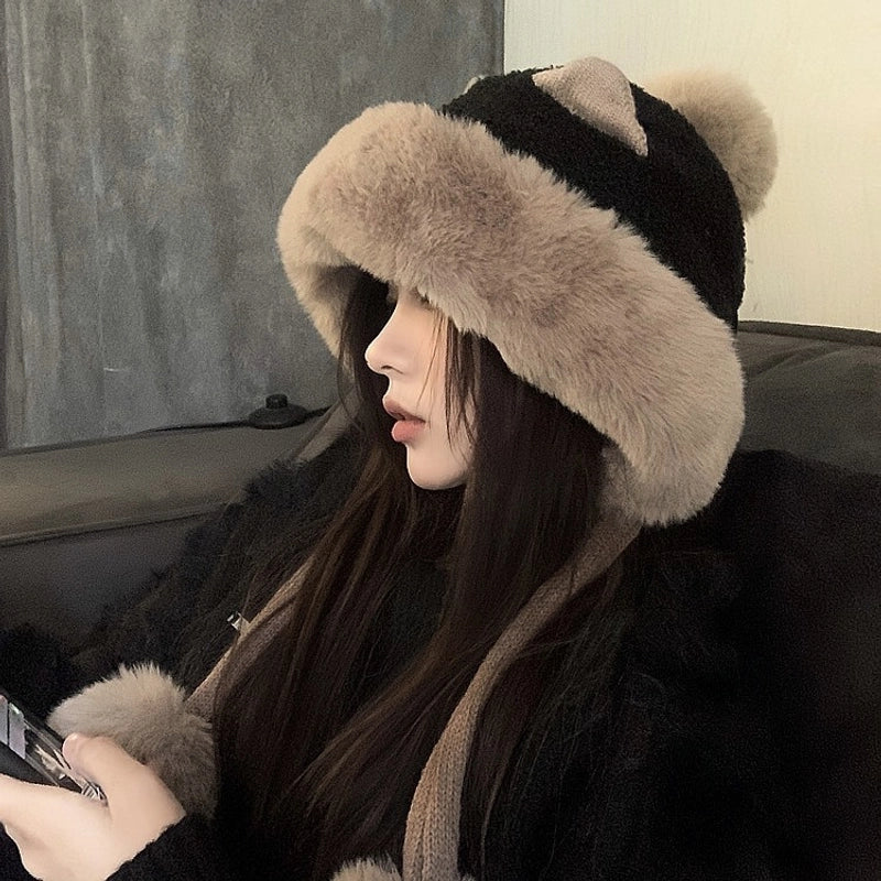 Winter Korean Style Versatile Cute Ear Plush Hat Women’s Fleece-lined Ear Protection Lei Feng Hat Women’s Warm Toe Cap Fashion