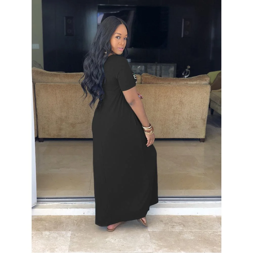 European and American Women's Pocket Letter Loose V-neck Dress Plus Size