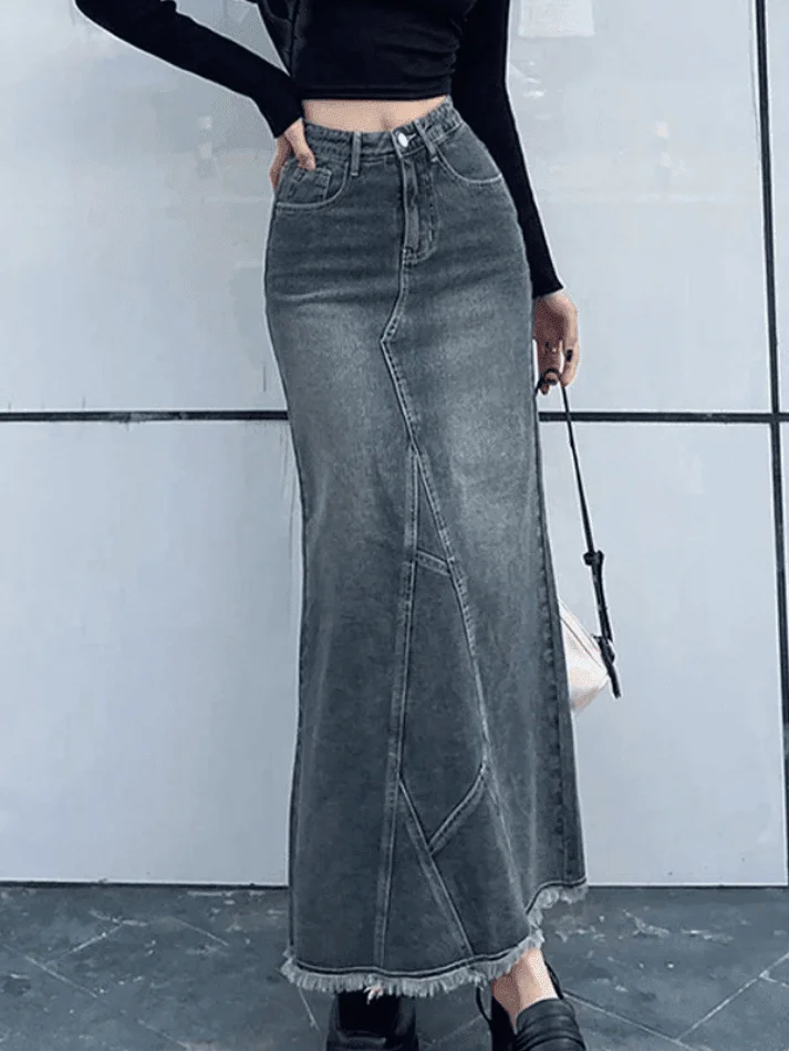 Brownm Back Slit Patchwork Long Denim Skirt