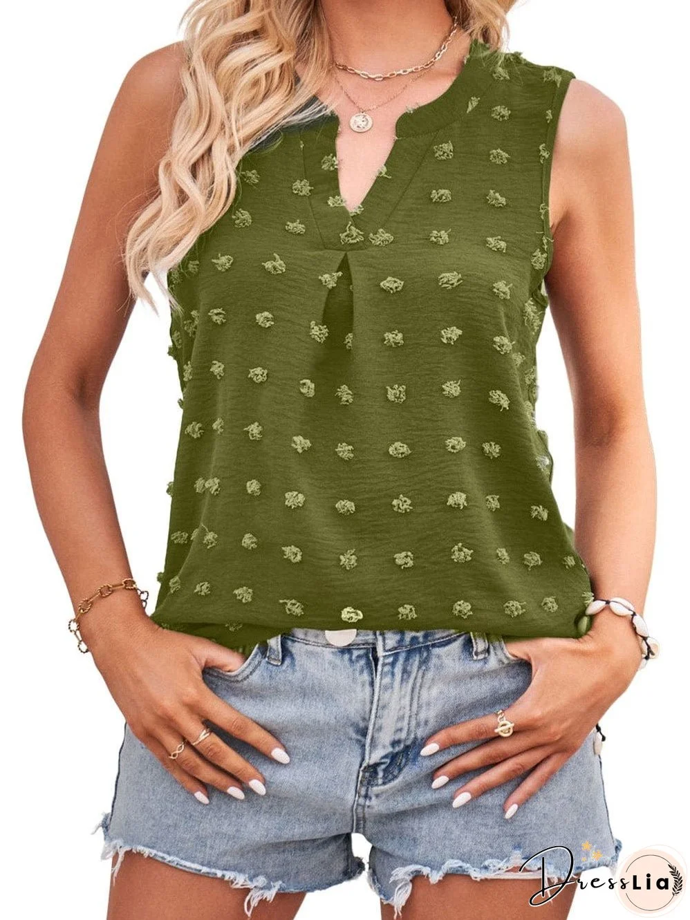 Pom V Neck Solid Color Sleeveless Mini Dress