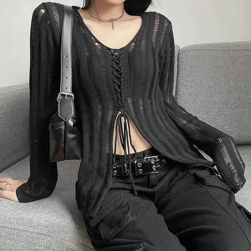Brownm Grunge Sheer Lace Up Knitted Top
