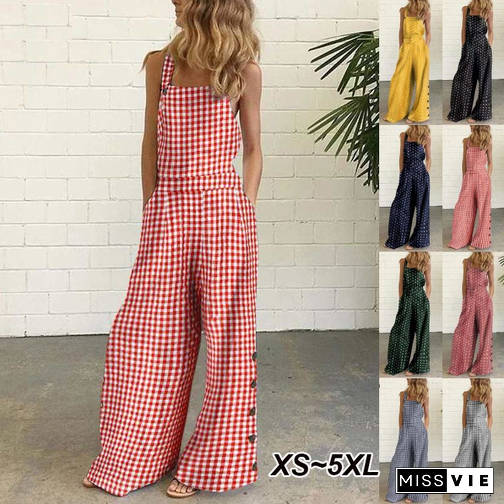 New Fashion Women's Summer Sleeveless Wide Leg Jumpsuit Rompers Plaid Pants with Pockets Long Trousers Suspenders Overalls Pantalon Femme