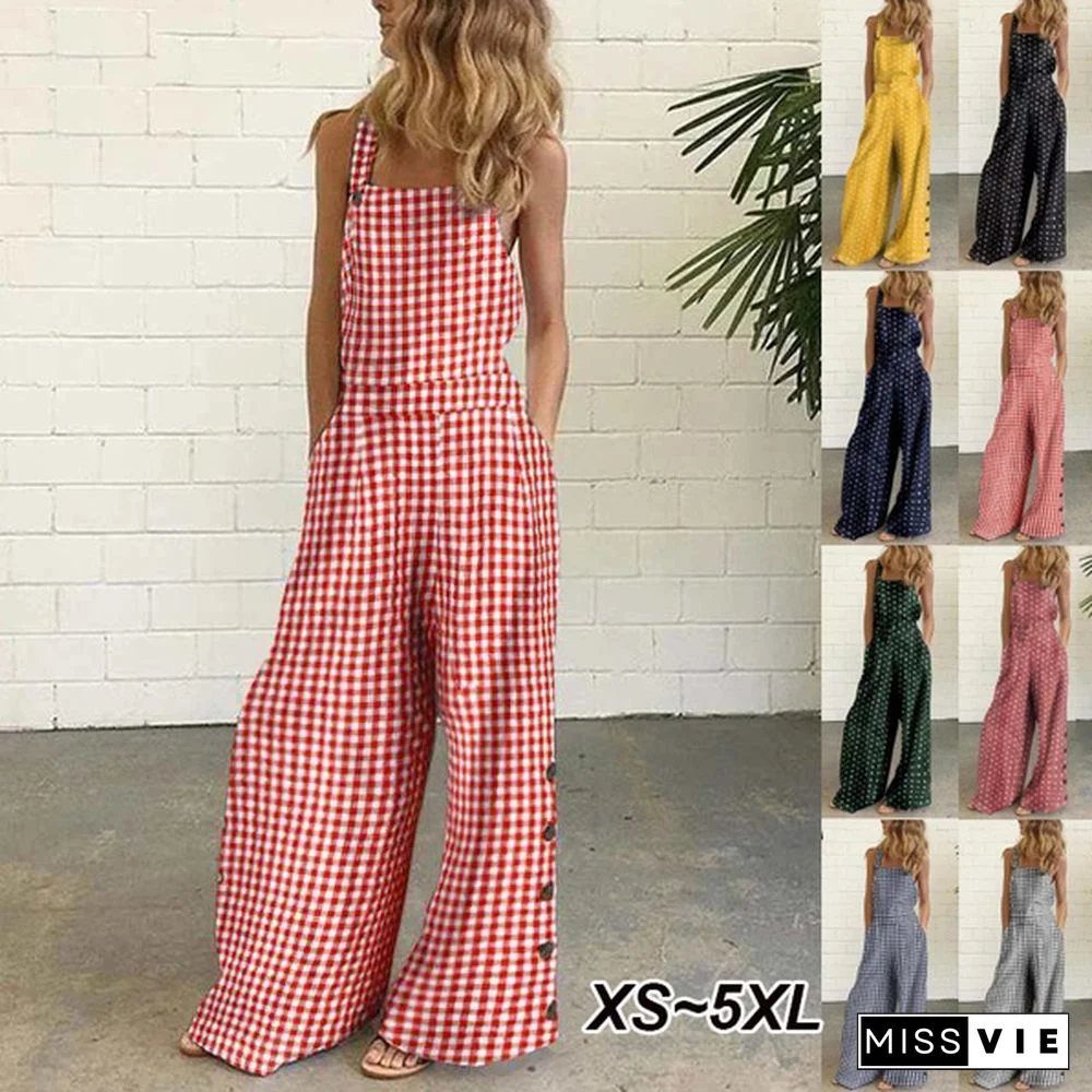 New Fashion Women's Summer Sleeveless Wide Leg Jumpsuit Rompers Plaid Pants with Pockets Long Trousers Suspenders Overalls Pantalon Femme