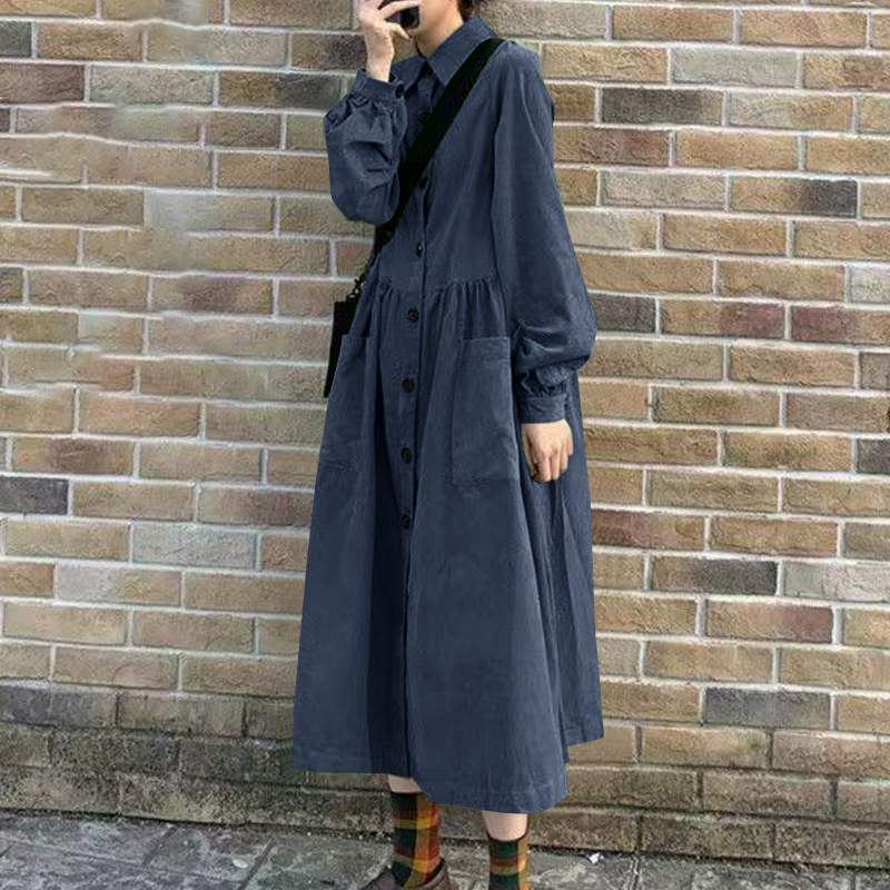 ZANZEA 2024 Vintage Corduroy Solid Maxi Dress Spring Lapel Pockets Sundress Oversized Vestidos Retro Buttons Pleats Robe