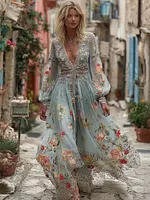 Women's Vintage Floral Art V-neck Casual Long Sleeve Maxi Dress