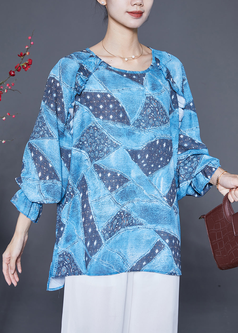VCSHOES Loose Blue Oversized Tie Dye Silk Shirt Top Lantern Sleeve
