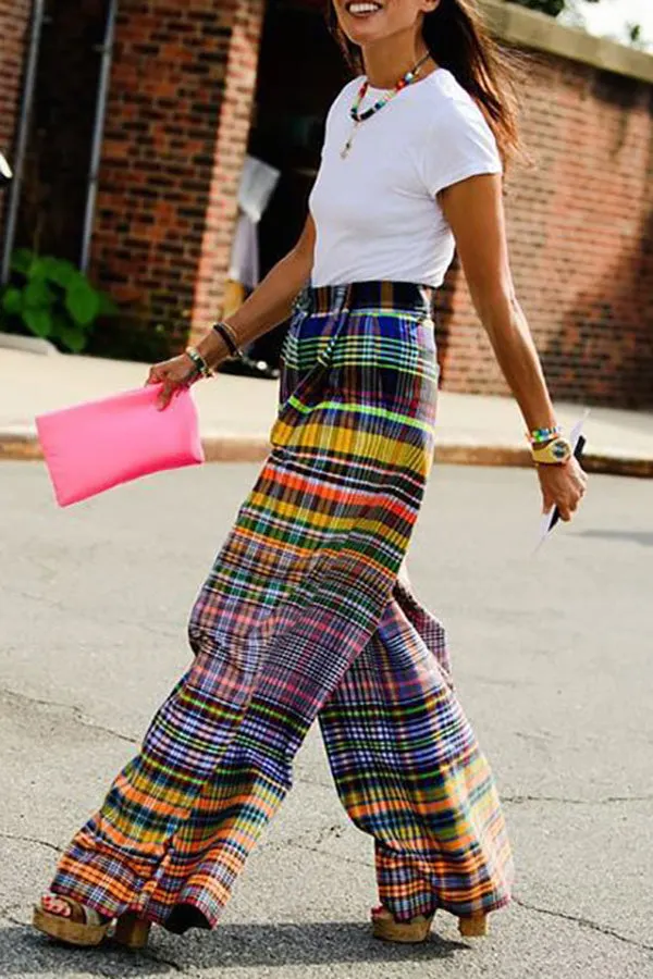 Casual High Waist Check Wide Leg Trousers