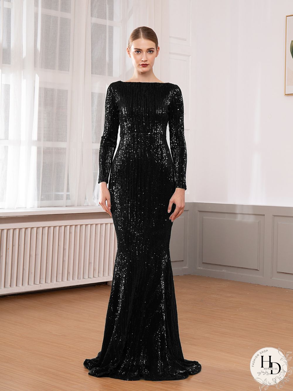 Elegant neck long sleeve sequin maxi dress floor length stretchy bodycon party gold green