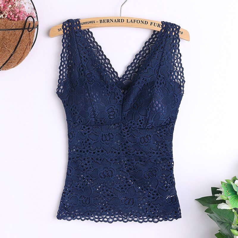 Sexy Tank Top Lace Wireless Paded Lingerie Vest Sexy V-Neck Crop Top Back Hollow Lace Trim Tee Camisole Feminino Cami