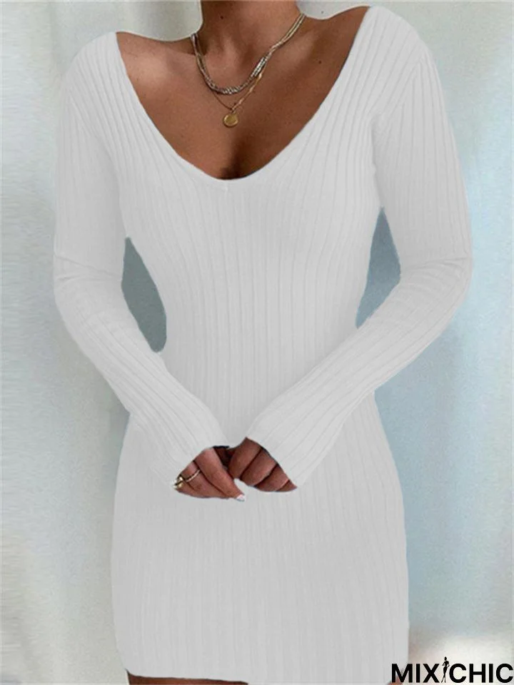 Women's Autumn and Winter New V-Neck Slim Long-Sleeved Knitted Sweater Dress