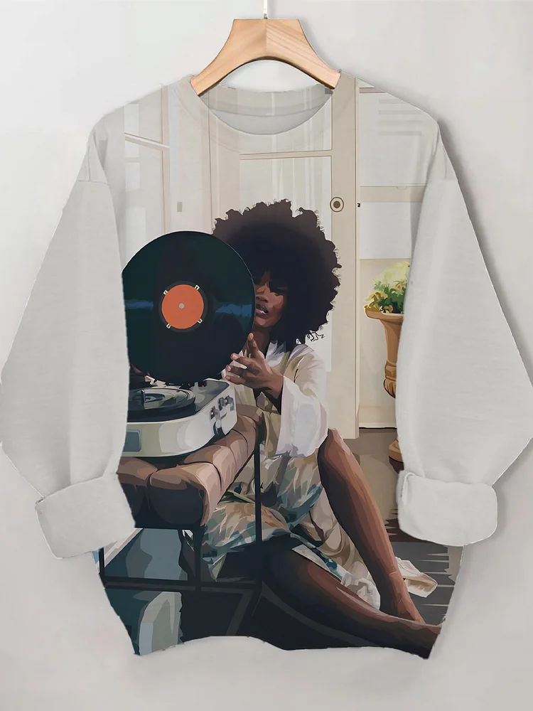 Women's Black Woman Listening To Vinyl Records Art Print Cozy Sweatshirt