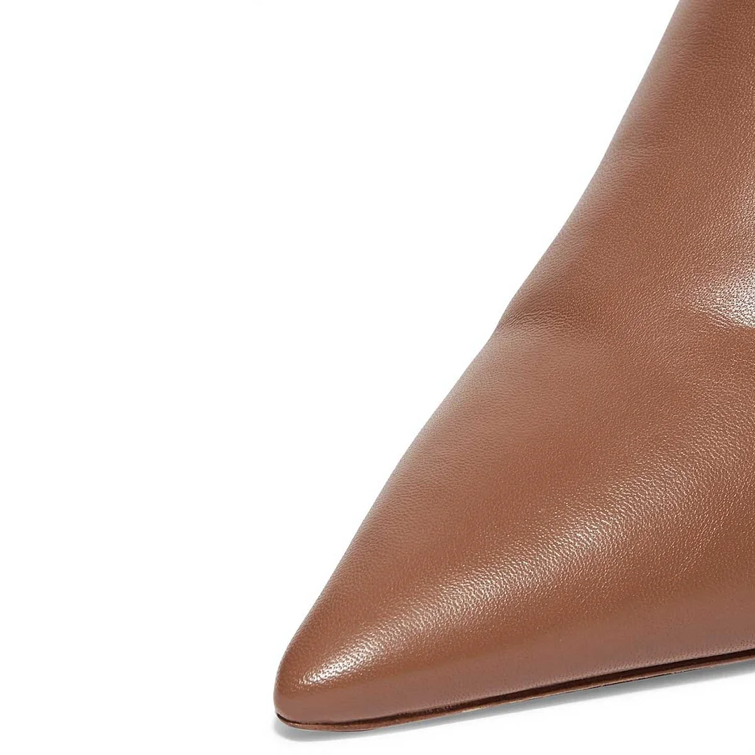 Women's Vegan Leather Pointed Toe Back-Zip Kitten Heel Boots in Brown