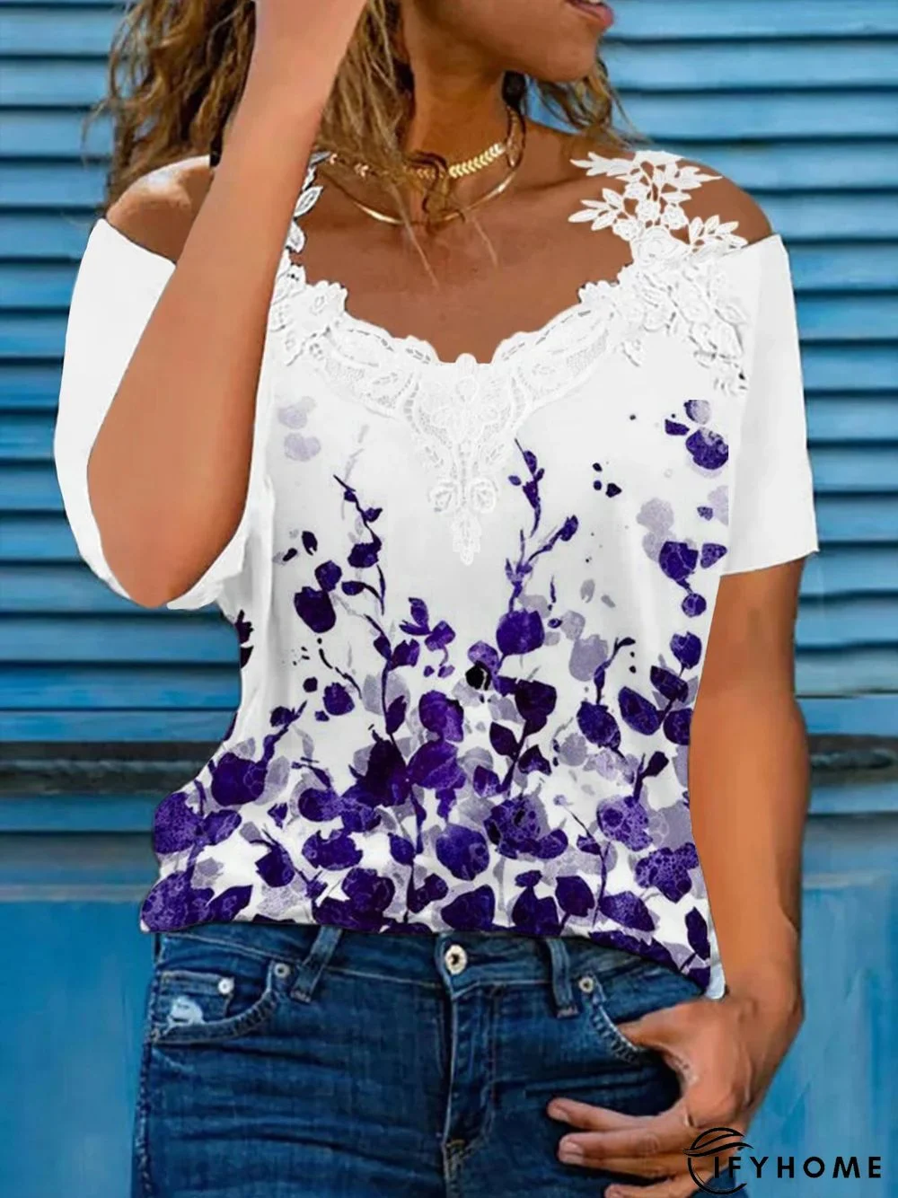 Women's Casual Floral V Neck Lace Cotton Blends Short Sleeve Top T-shirt | IFYHOME