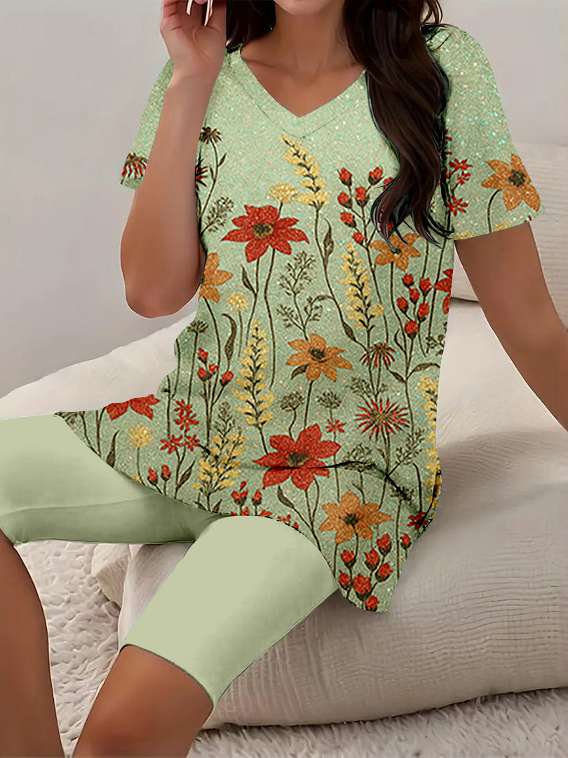 Women Long Sleeve V-neck Graphic Floral Printed Top