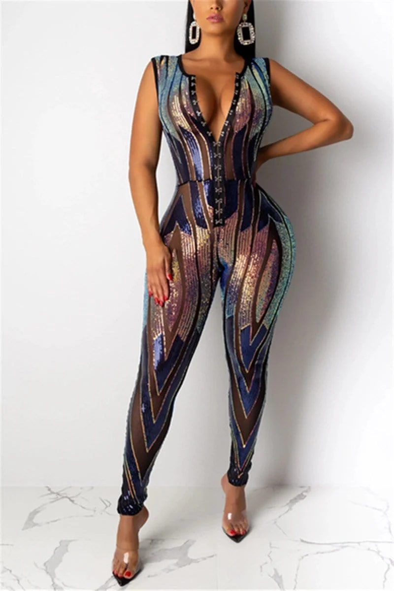 Fashion Sexy Sequined Buckle Jumpsuit