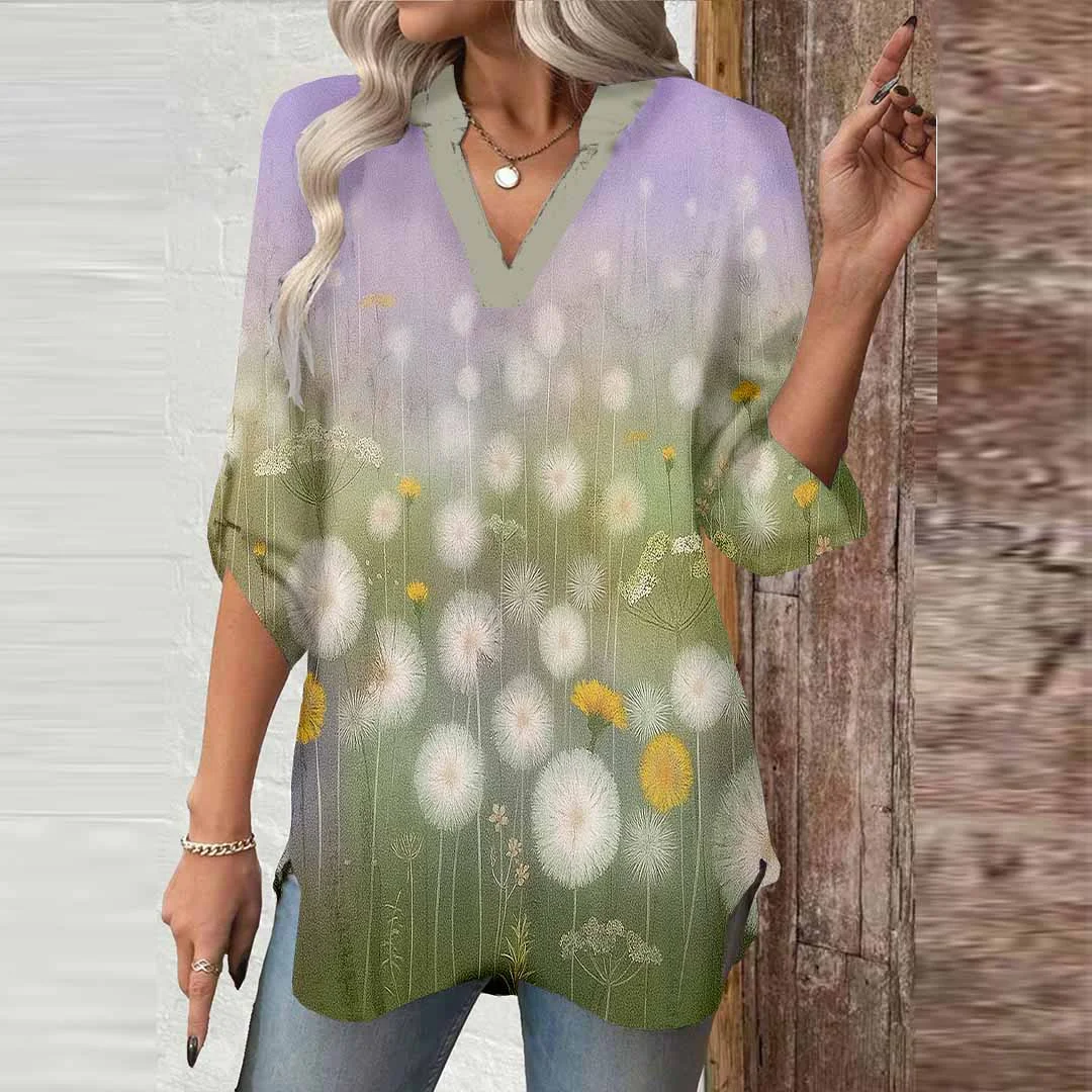 Women Floral,Purple,Green DZGA0616 3/4 Sleeve V-neck Printed Graphic Button Tops