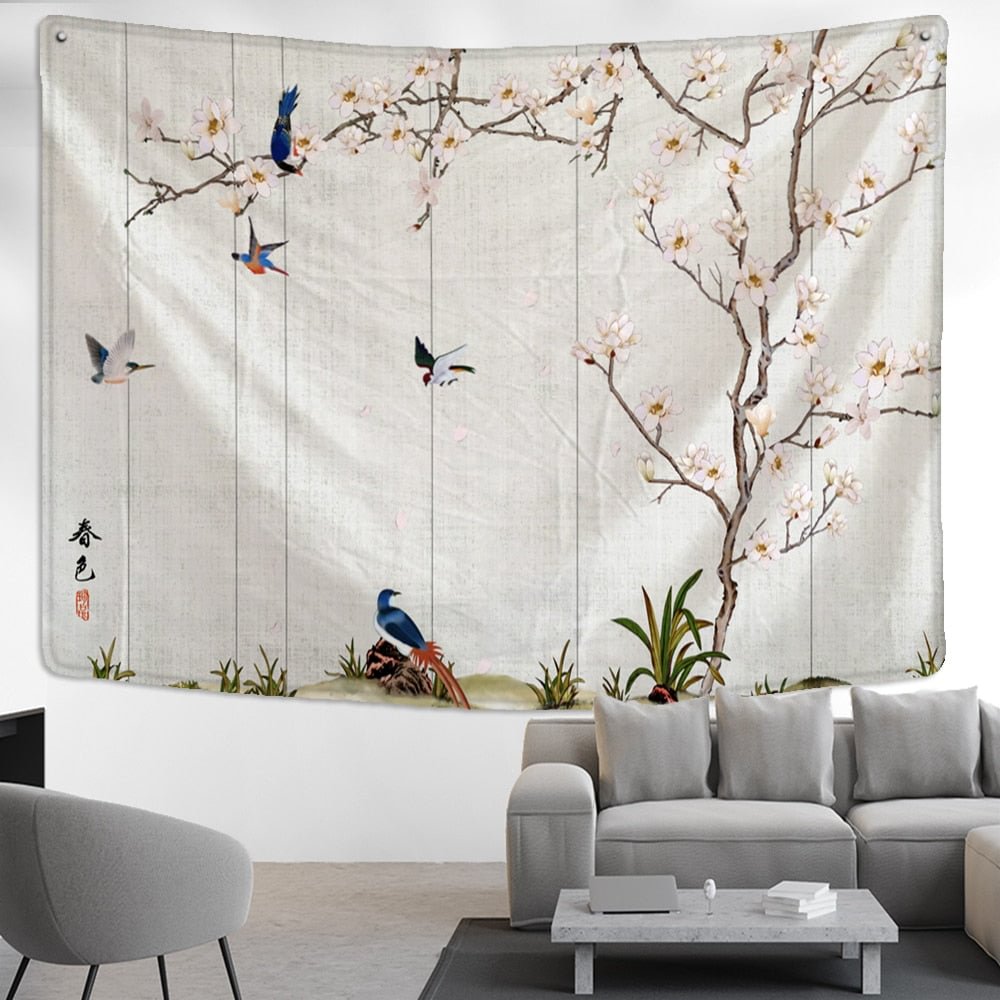 Flower Chinese Painting Tapestry Wall Hanging Bird Bohemian Style Simple Art Tapiz Living Room Home Decor