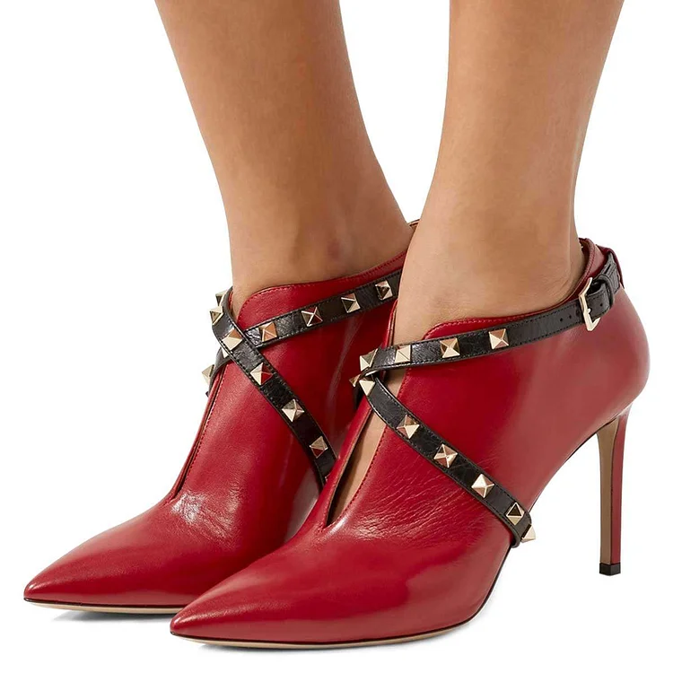Red Studs Shoes Cross Over Stiletto Heel Ankle Boots |FSJ Shoes