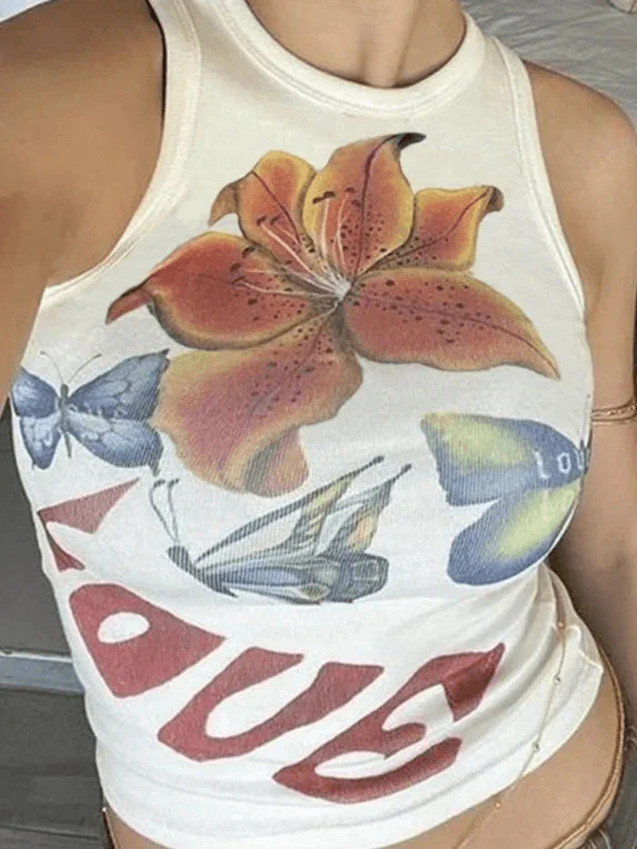Brownm White Slim Tank Top with Print