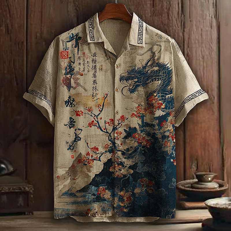 Men's Retro Dragon And Cherry Blossom Printed Short-sleeve Shirt elevenforest