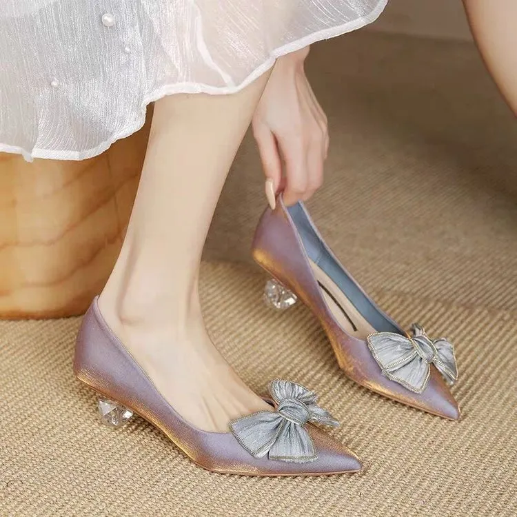 Churchf Churchf Design Sense Temperament Single Shoes Female Wedding Shoes Bride Shoes Thick Heel High Heels Bow Pointed French Small Heels