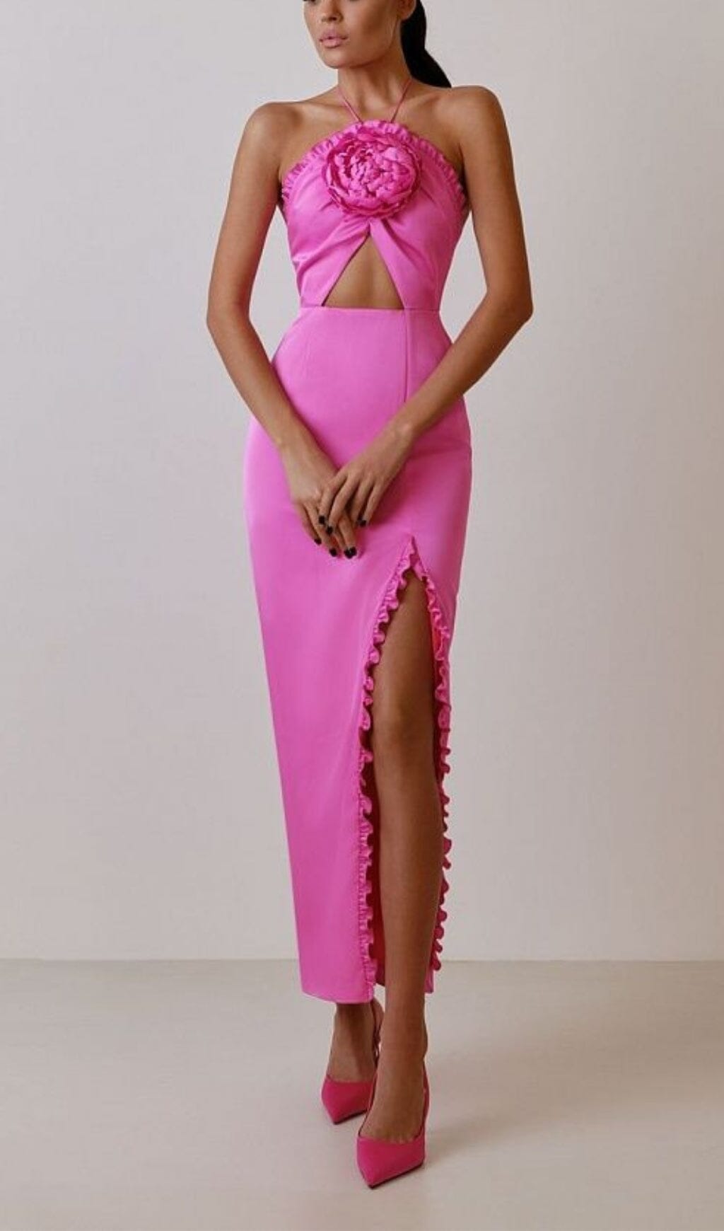 Floral Embellished Slit Midi Dress In Pink Flowering Girl