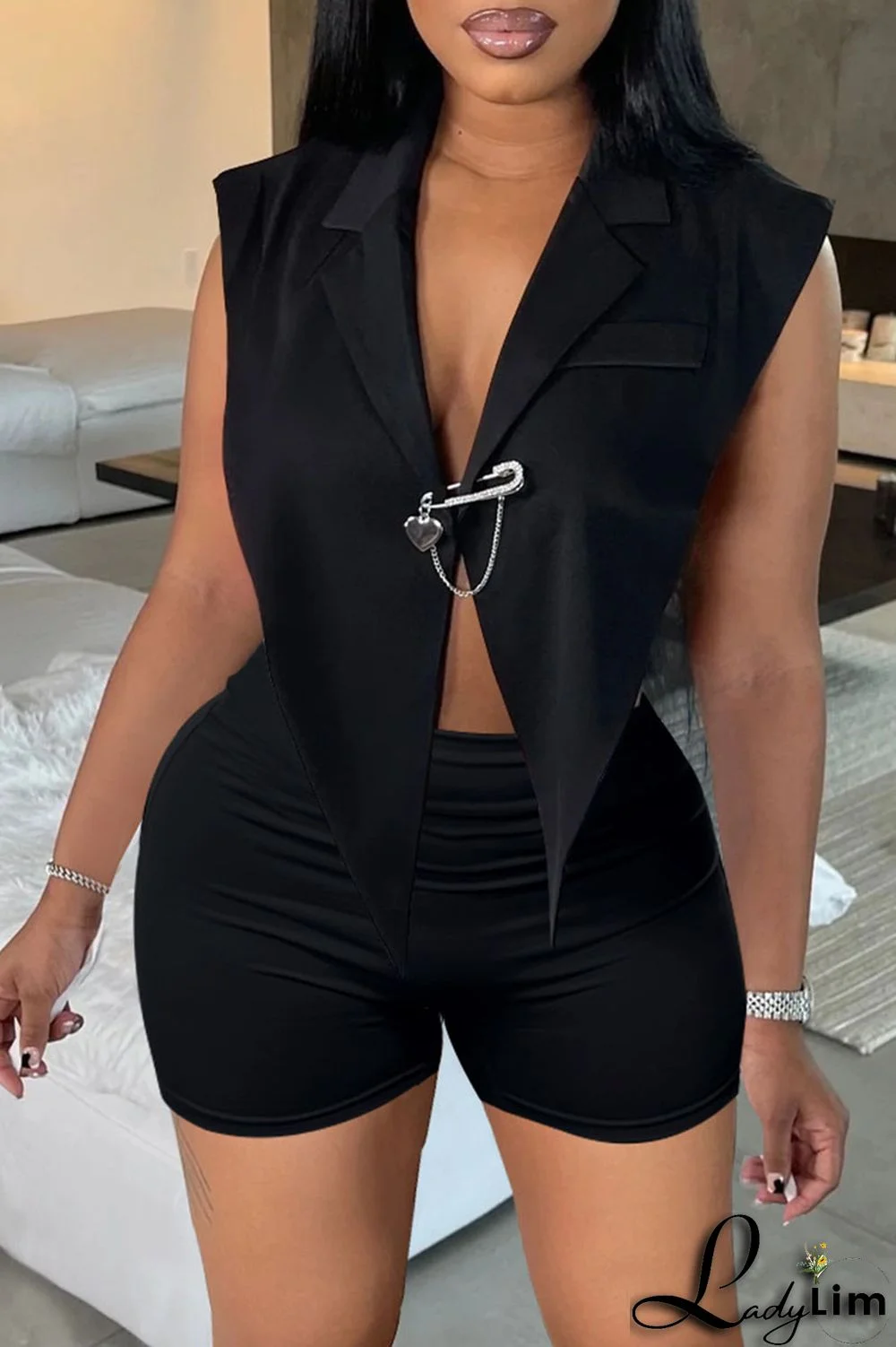 Black Sexy Solid Backless Asymmetrical V Neck Sleeveless Two Pieces