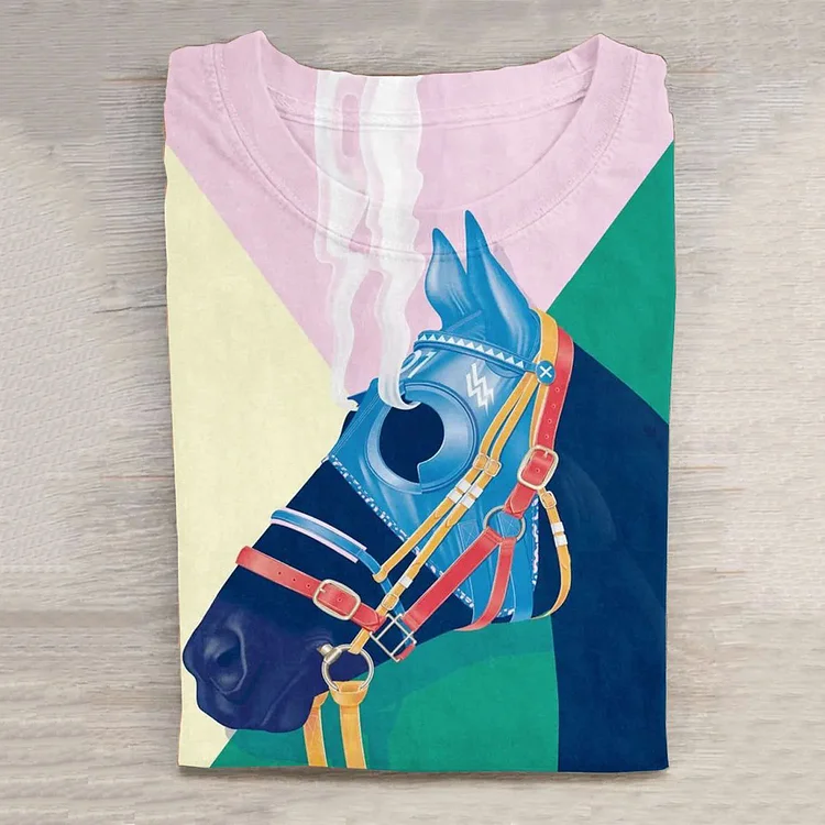 Wearshes Art Horse Print Long Sleeve Casual T-Shirt