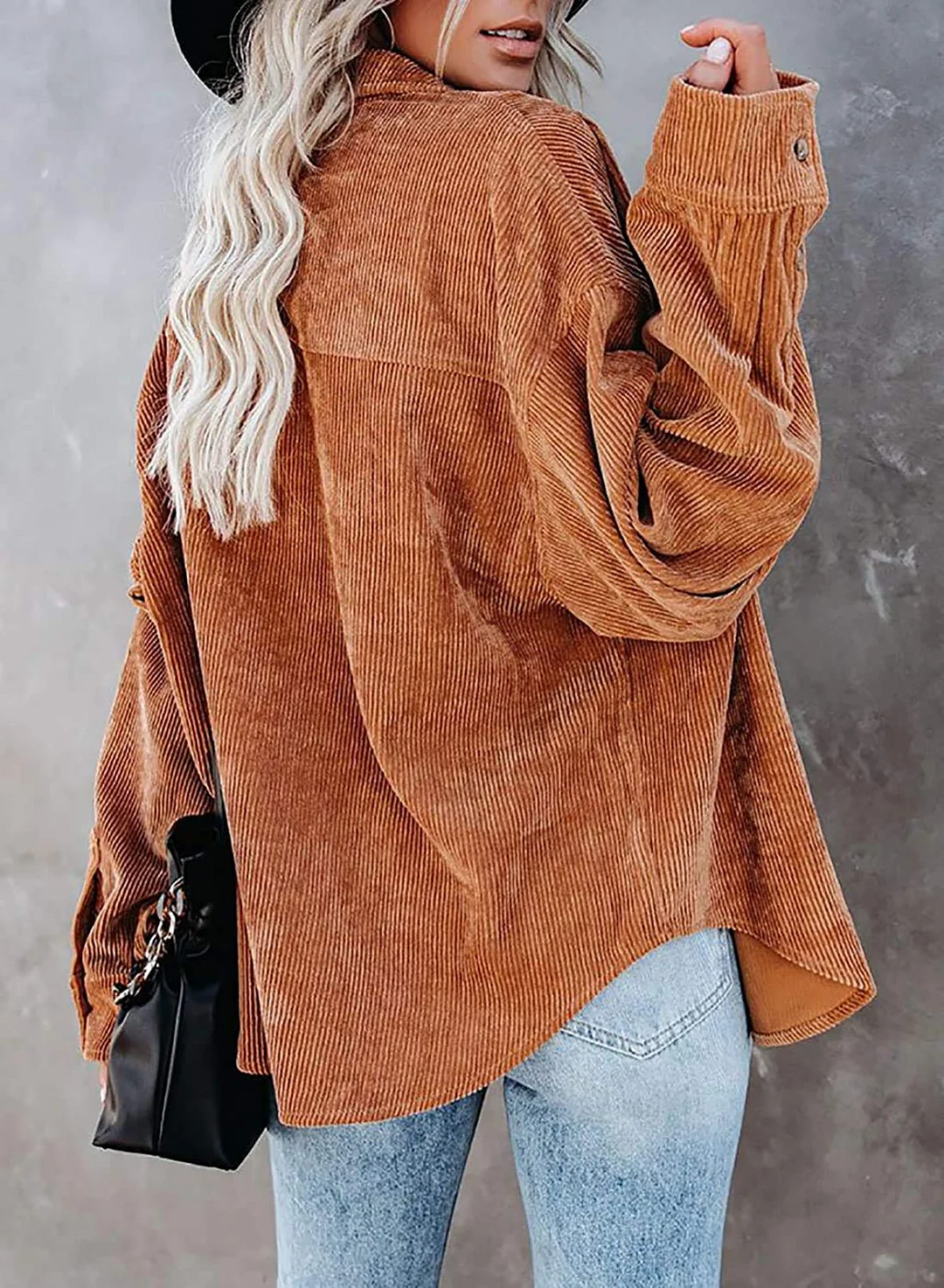 MIHOLL Women Corduroy Long Sleeve Button Down Collared Shirt Jacket Tops