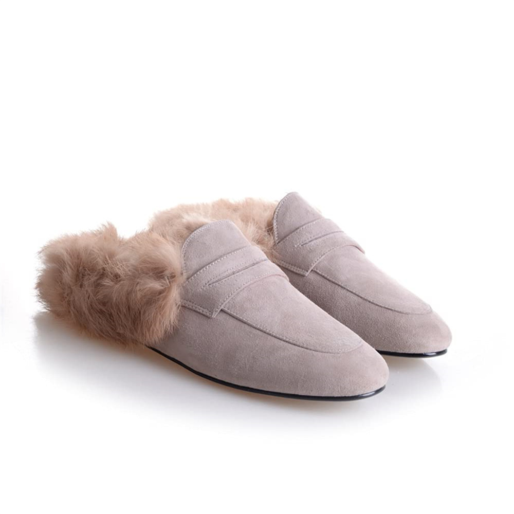 Backless Rabbit Fur Slippers Suede Mules Shoes-vocosishoes