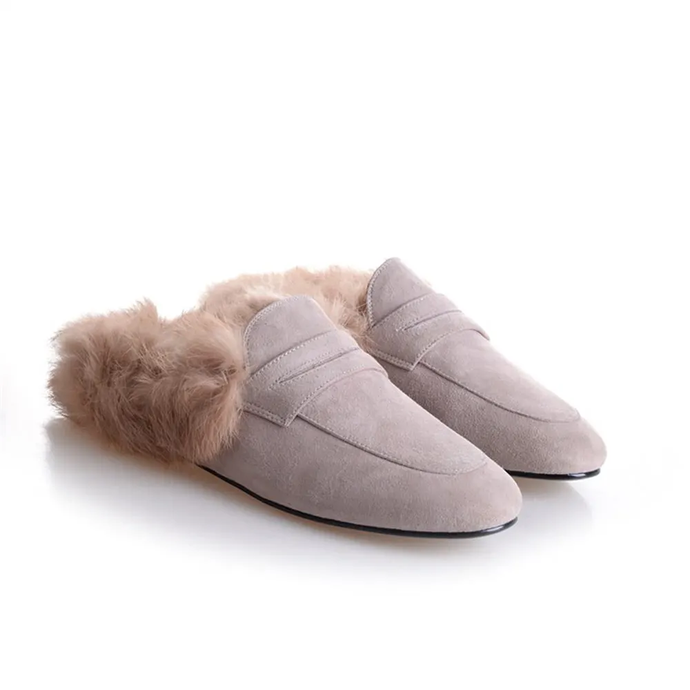 Backless Rabbit Fur Slippers Suede Mules Shoes-vocosishoes