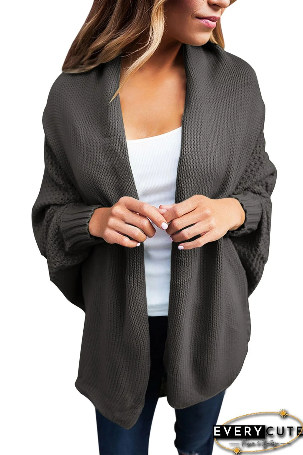 Dark Gray Chunky Knit Open Front Dolman Cardigan