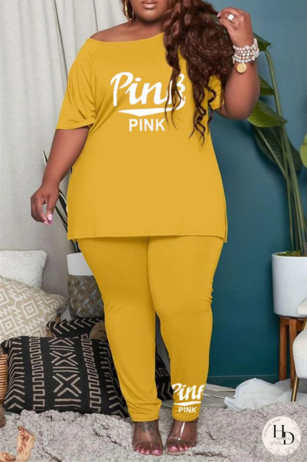 Yellow Fashion Casual Letter Print Basic O Neck Plus Size Two Pieces