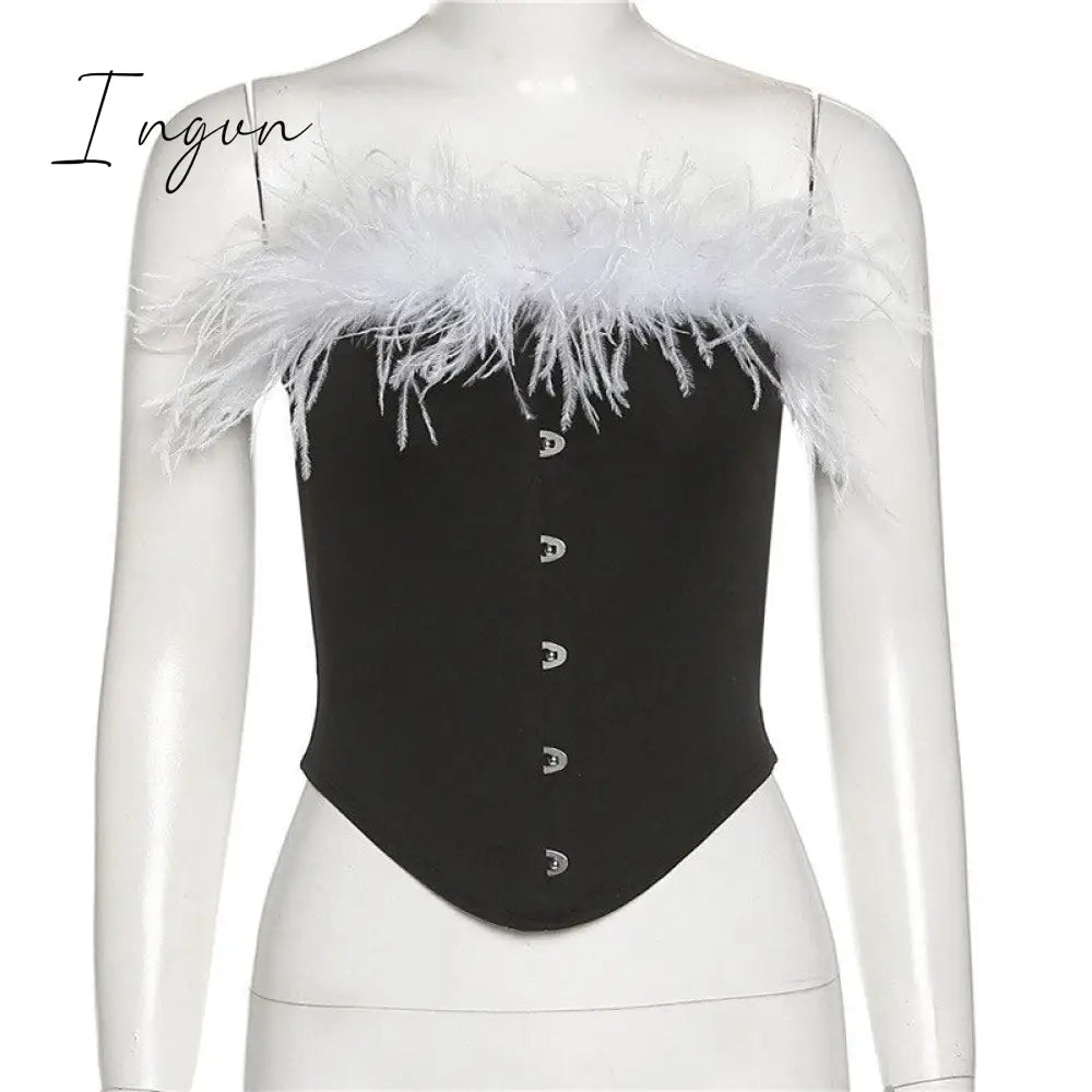 Ingvn - Tank Tops Tube Women Feather Corset Crop Top Girls White Black Off Shoulder Cami Tee Shirt