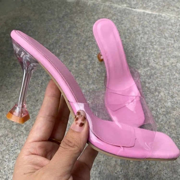2021 Star Style Transparent PVC Crystal Clear Heeled Women Slippers Fashion High Heels Female Mules Slides Summer Sandals Shoes