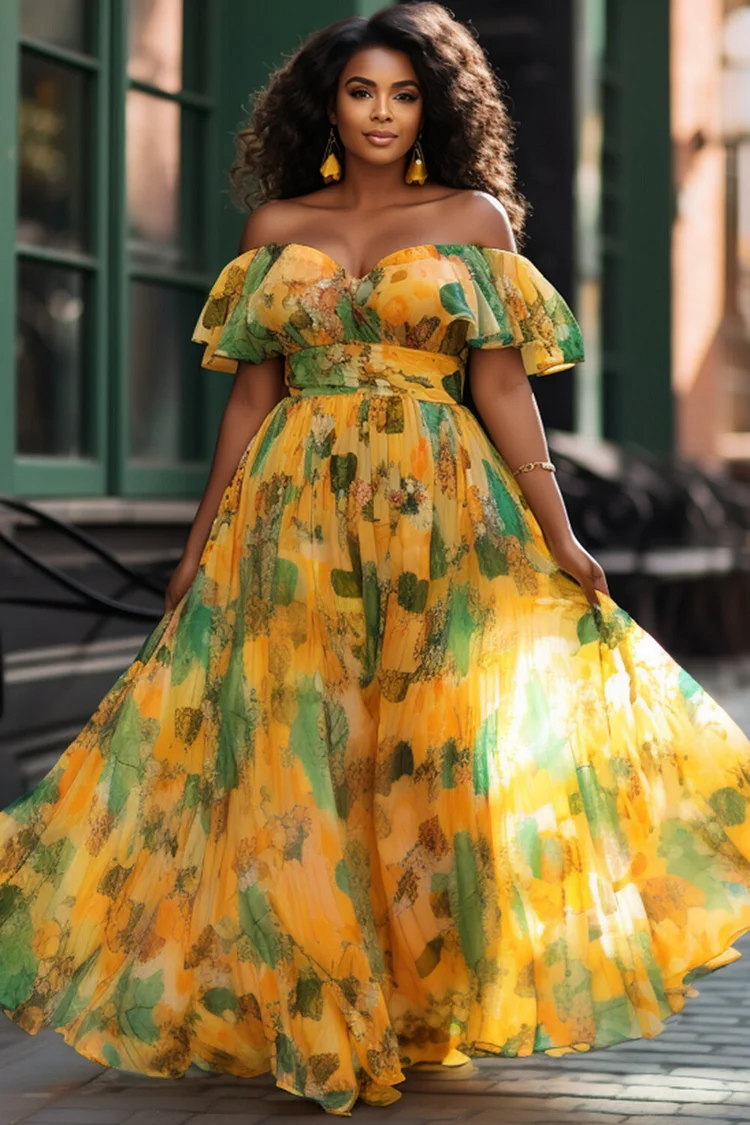 Xpluswear Design Plus Size Vacation Yellow Elegant Off The Shoulder Chiffon Maxi Dresses [Pre-Order] 2024 - Xpluswear