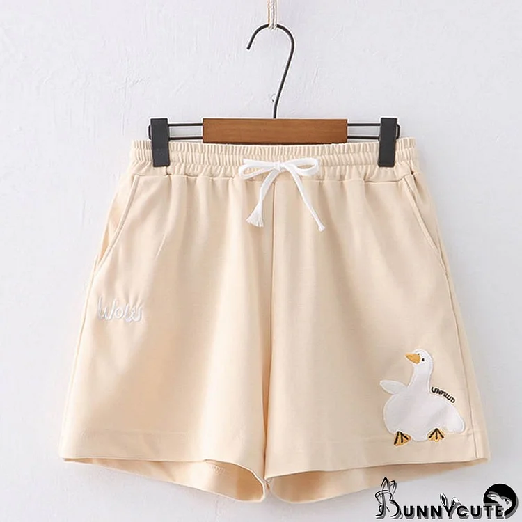 Cartoon Duck Embroidery Pocket Drawstring Shorts