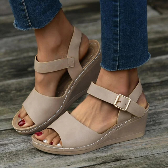 Women's PU Leather Wedges Sandals Summer 2022 Chunky Platform Beach Shoes Woman Open Toe Buckle Sandalias Mujer Plus Size