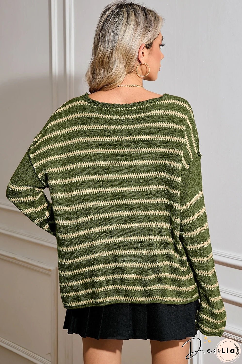 Green Stripe Casual Stripe Round Neck Drop Shoulder Sweater