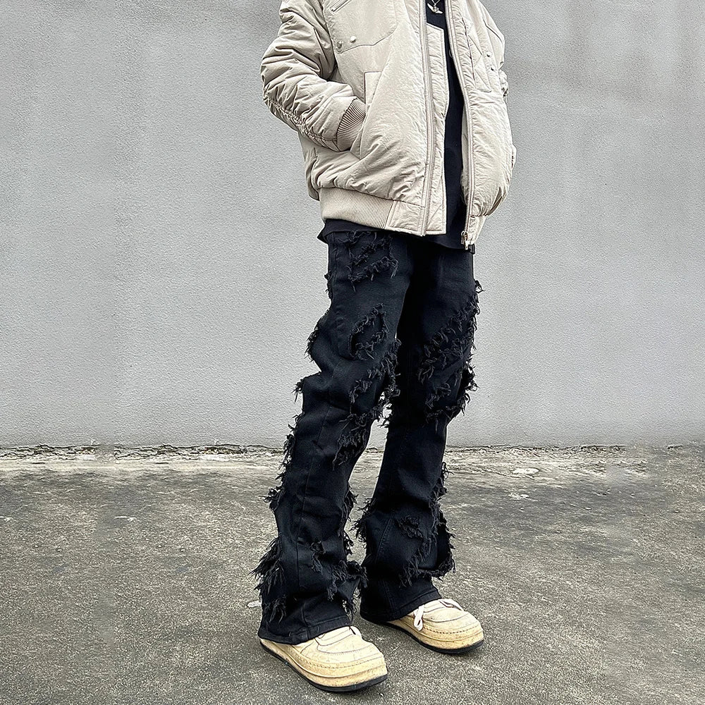Llyge Ripped Jeans Men Streetwear Loose Vibe Trousers Flared Autumn Casual Fashion Street Baggy Black Summer Hip Hop Y2k Denim Pants llyge