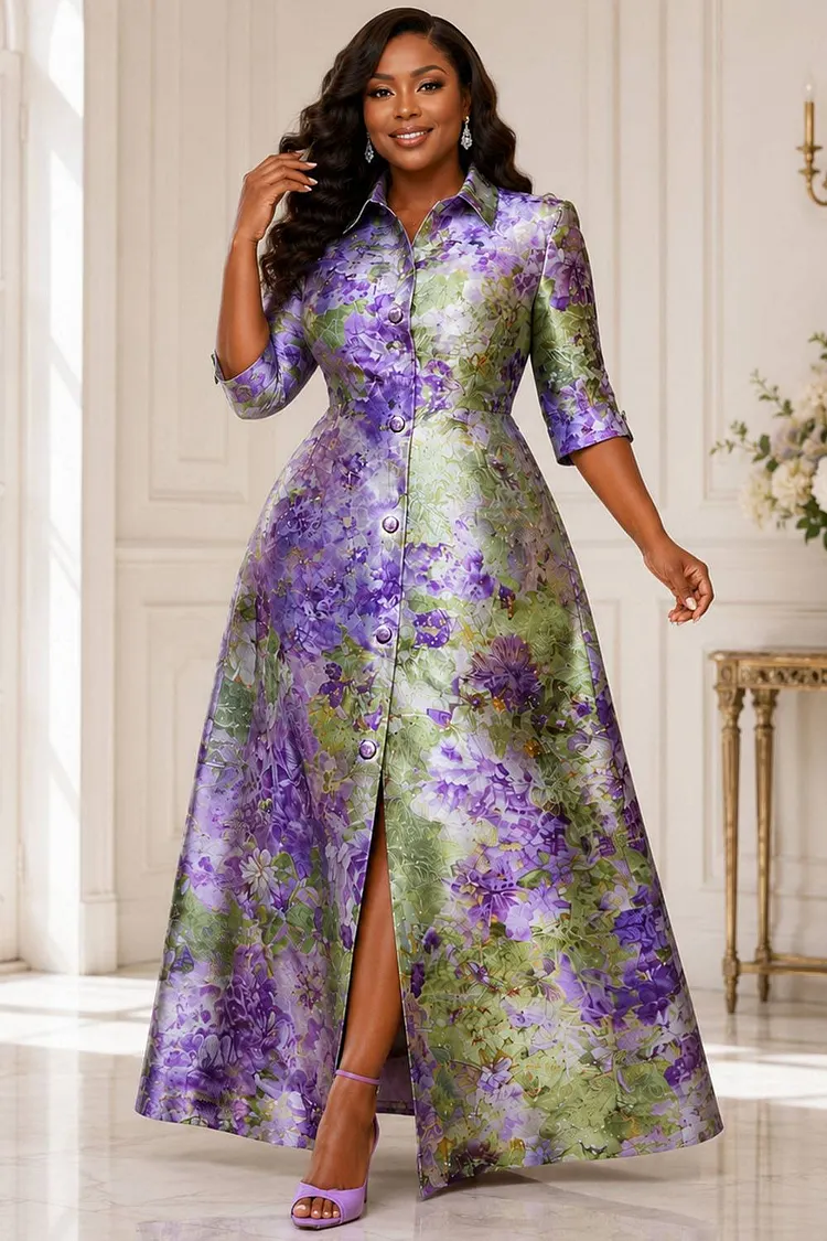 Xpluswear Design Plus Size Mother Of The Bride Purple Floral Shirt Collar Half Sleeve Pocket Satin Maxi Dresses [Pre-Order] 2024 - Xpluswear