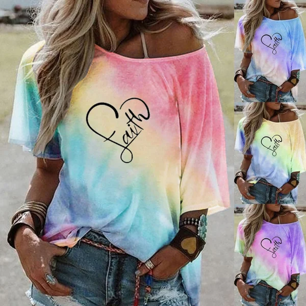Ladies Faith Tees Plus Size Women's Fashion Tie-dyed Gradient Color Print Camisole Off The Shoulder T-shirt Fashion Short Sleeve Blouse Top