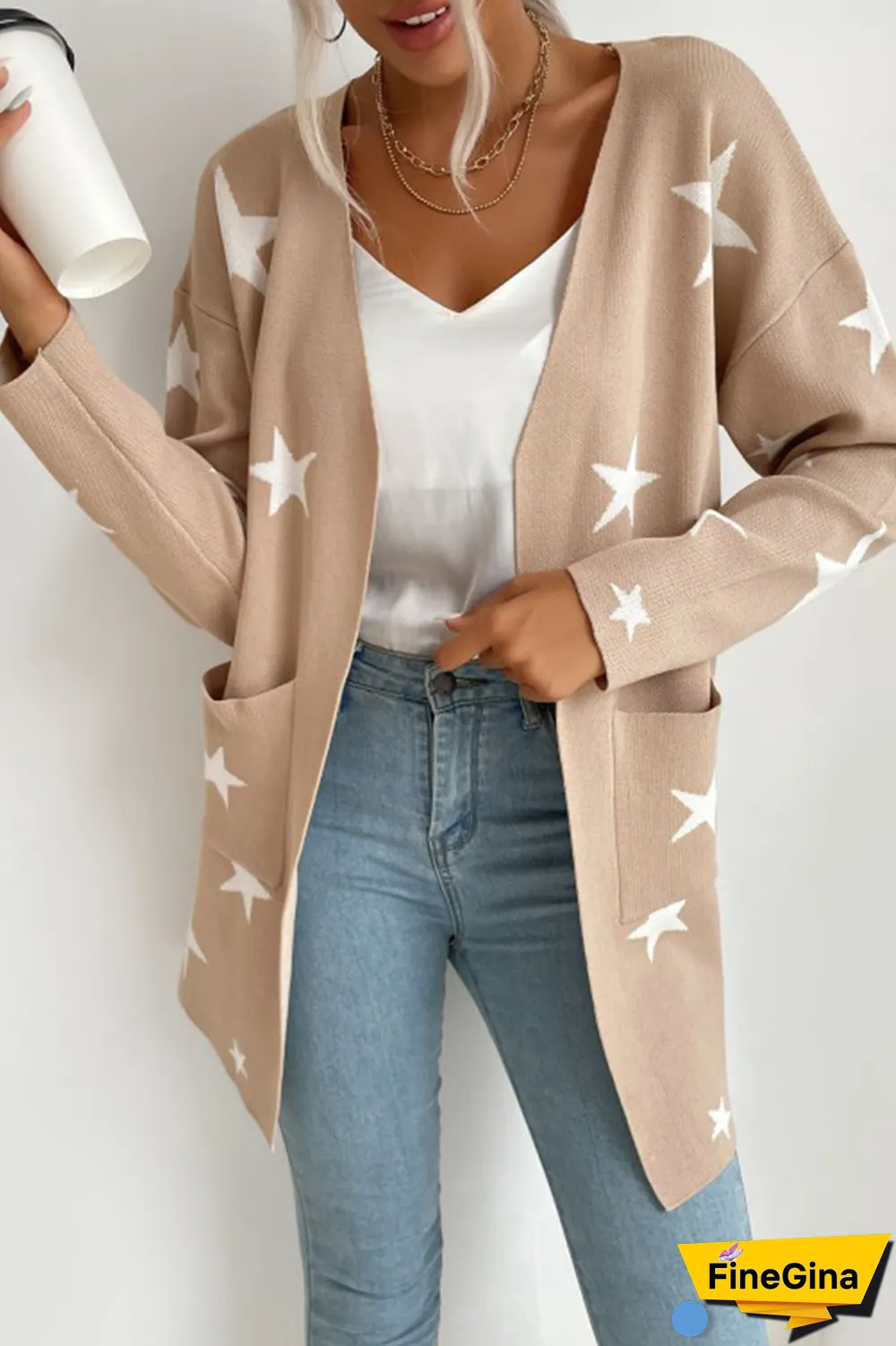Casual The stars Split Joint Pocket V Neck Outerwear Sweater