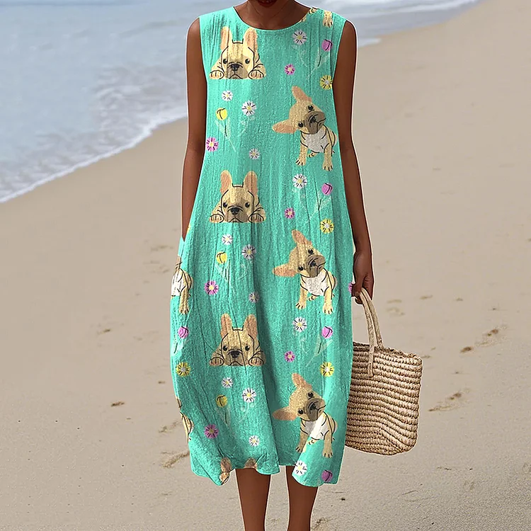 Women's Retro French Bulldog Flowers Art Linen Tank Midi Dress